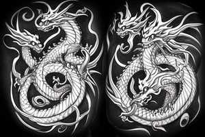 A four headed dragon hydra that starts in a spiral at the middle of the back and goes over both shoulders. Two heads per shoulder, and then meet at the chest. tattoo idea