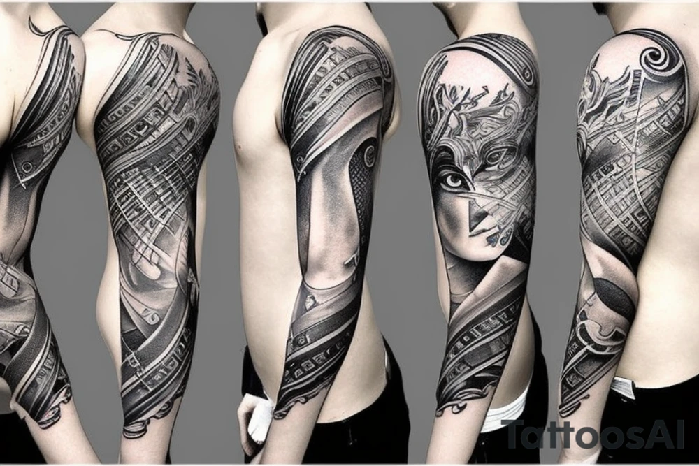 Greek mythology sleeve tattoo, with dark thick linework tattoo idea
