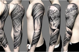 Greek mythology sleeve tattoo, with dark thick linework tattoo idea