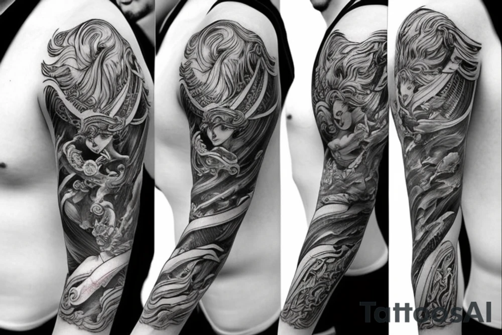 Greek mythology sleeve tattoo, with dark thick linework tattoo idea