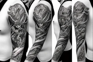 Greek mythology sleeve tattoo, with dark thick linework tattoo idea
