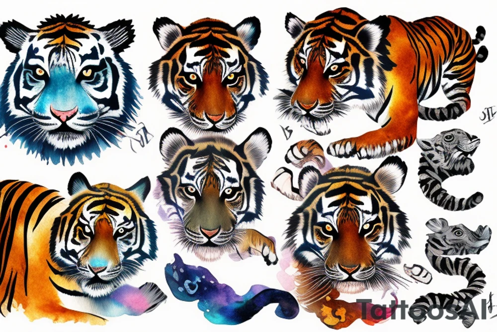A single face of a tiger cub surrounded by water tattoo idea