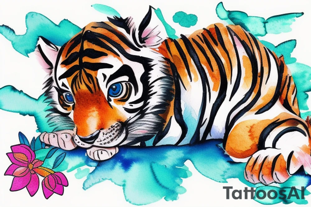 Tiger cub baby playing in water tattoo idea