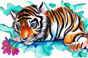 Tiger cub baby playing in water tattoo idea