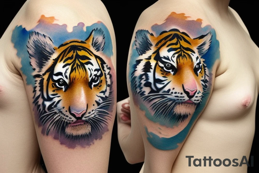 Tiger cub baby playing in water looking at a horse tattoo idea