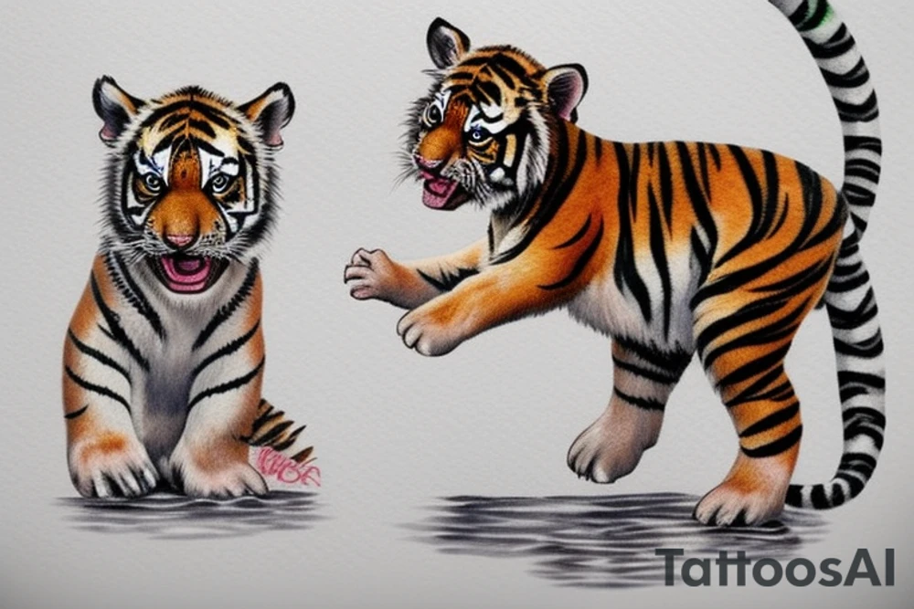 Tiger cub baby playing in water looking at a horse tattoo idea
