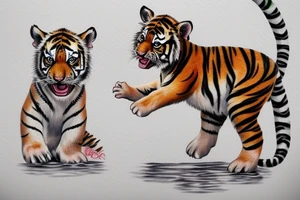 Tiger cub baby playing in water looking at a horse tattoo idea