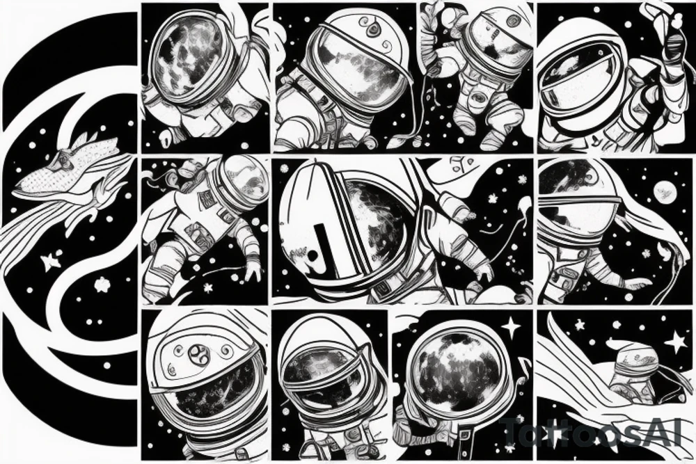 Astronaut lost in space with broken helmet, curious, calm dragon flying behind him, astronaut face can't be seen tattoo idea