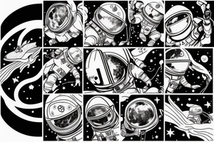 Astronaut lost in space with broken helmet, curious, calm dragon flying behind him, astronaut face can't be seen tattoo idea