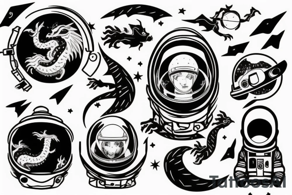 Astronaut lost in space with broken helmet, curious, calm dragon flying behind him, astronaut face can't be seen tattoo idea
