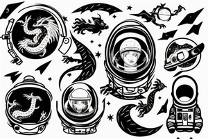 Astronaut lost in space with broken helmet, curious, calm dragon flying behind him, astronaut face can't be seen tattoo idea