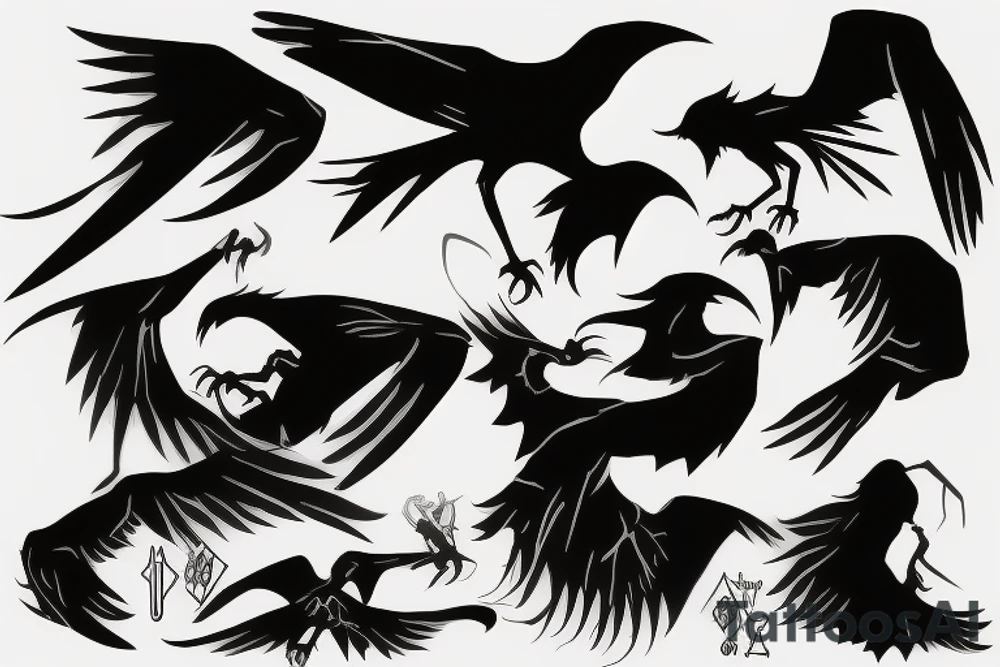 Itachi Uchiha crows silhouette flowing from right arm tricep to right trap tattoo idea