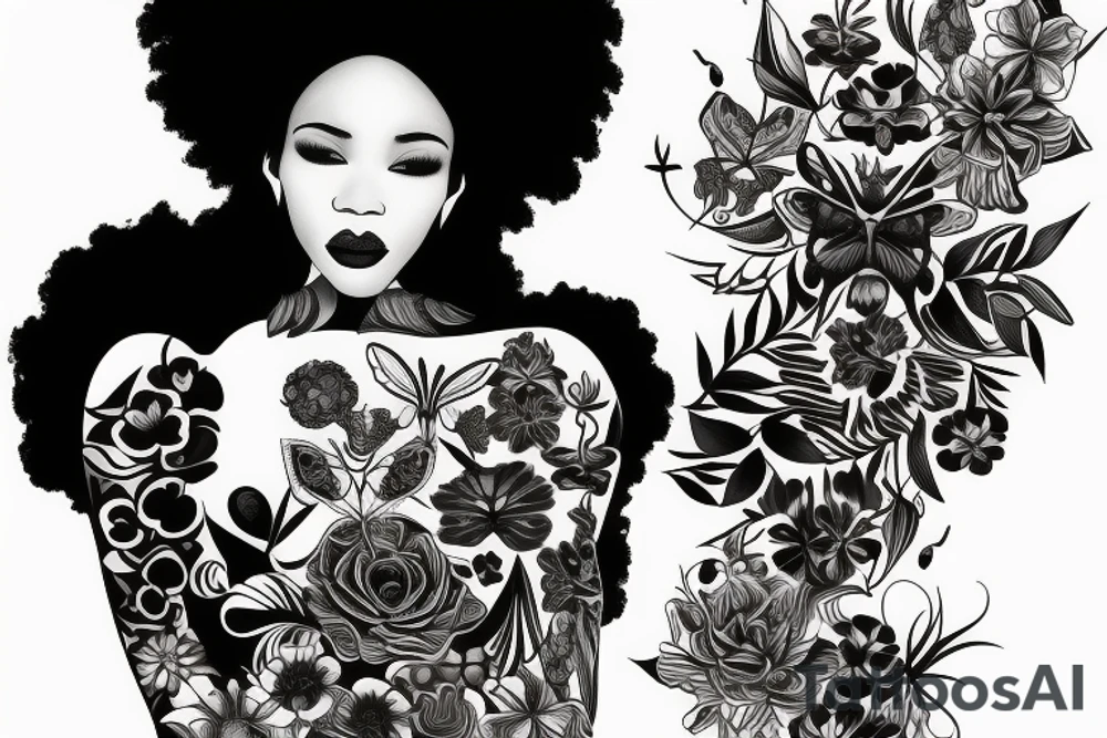 Black women Afro air swirls moths around her flowers and greenery tattoo idea