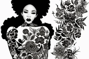 Black women Afro air swirls moths around her flowers and greenery tattoo idea