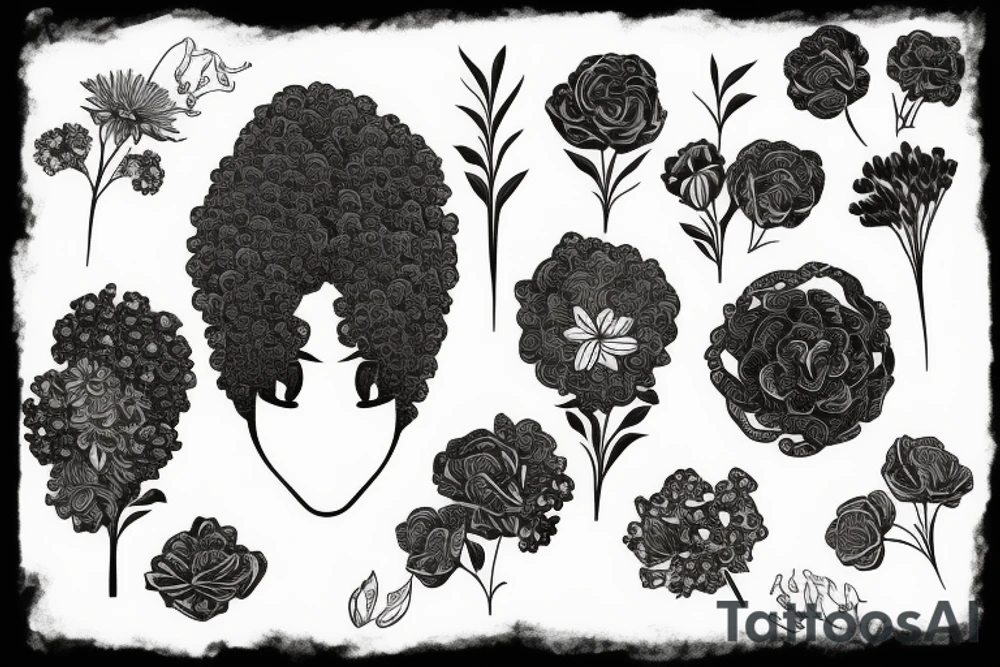 Black women Afro moths around her flowers and greenery tattoo idea