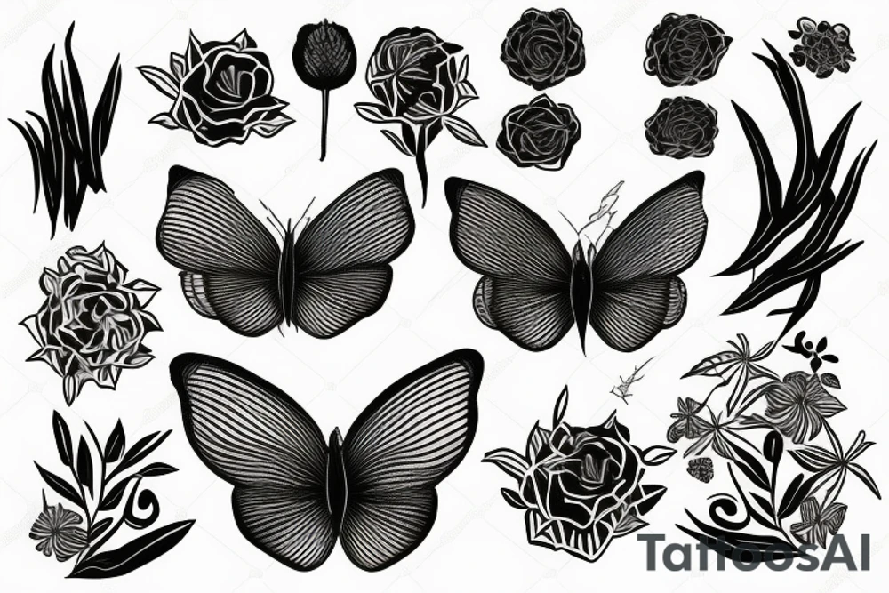 Black women Afro moths around her flowers and greenery tattoo idea