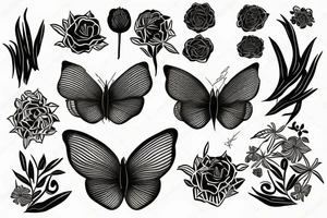 Black women Afro moths around her flowers and greenery tattoo idea