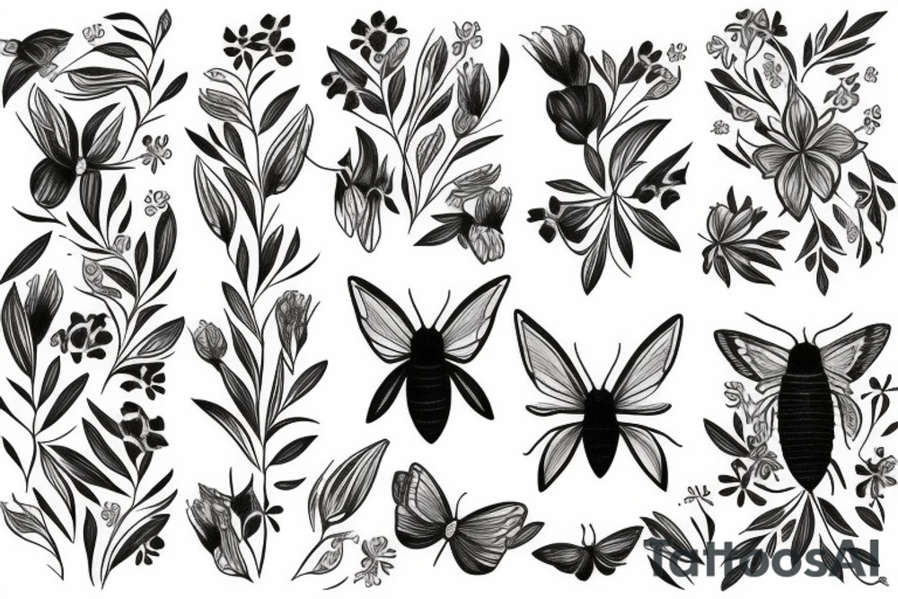 Black women moths around her flowers and greenery tattoo idea