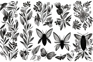 Black women moths around her flowers and greenery tattoo idea