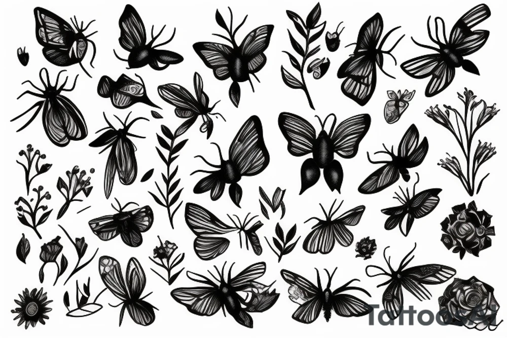 Black women moths around her flowers and greenery tattoo idea