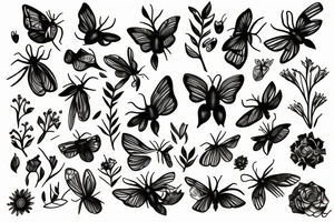 Black women moths around her flowers and greenery tattoo idea