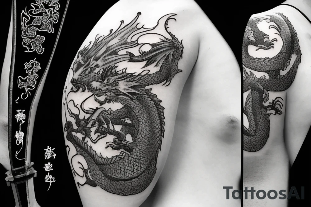 Dragon around a katana with cherry blossom and black frame tattoo idea