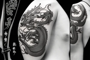 Dragon around a katana with cherry blossom and black frame tattoo idea