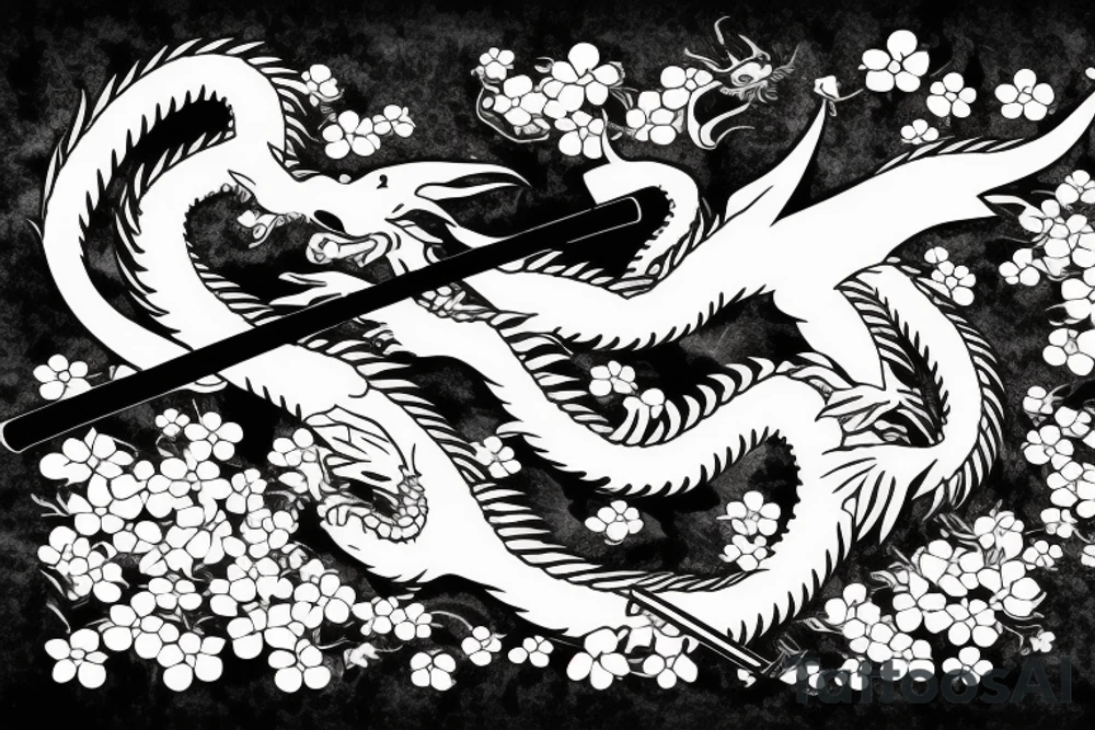 Dragon around a katana with cherry blossom and black frame tattoo idea