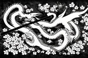 Dragon around a katana with cherry blossom and black frame tattoo idea
