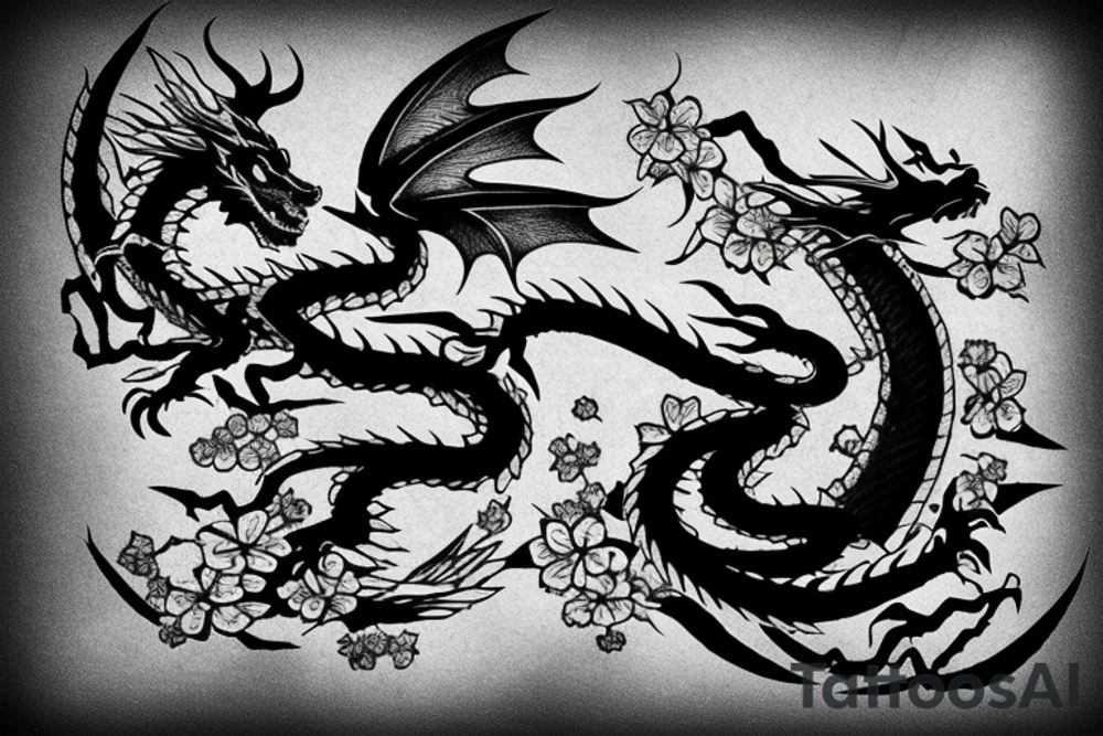 Dragon around a katana with cherry blossom tattoo idea