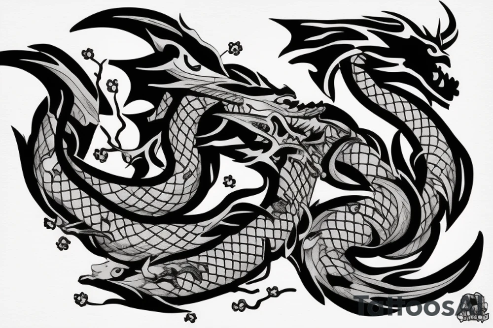 Dragon around a katana with cherry blossom tattoo idea