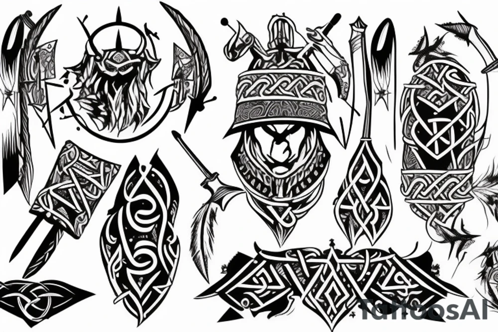 Sleeve, Viking, Native American, family, Arabic allahuakbar, arrow, sword, warrior, Star on elbow and wolf on shoulder tattoo idea