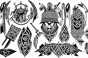 Sleeve, Viking, Native American, family, Arabic allahuakbar, arrow, sword, warrior, Star on elbow and wolf on shoulder tattoo idea