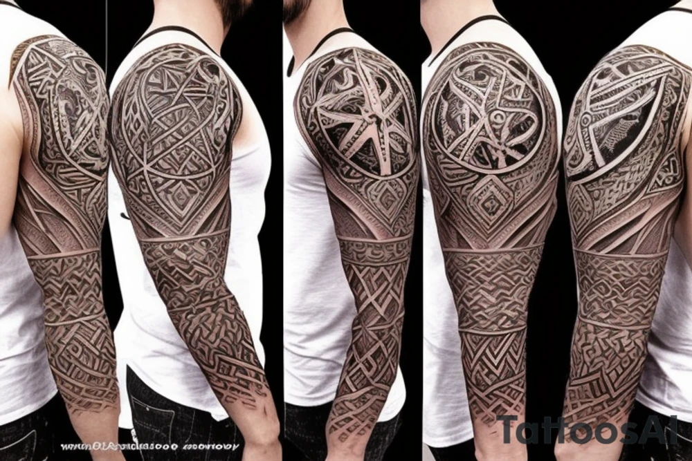 Sleeve, Viking, Native American, family, Arabic allahuakbar, arrow, sword, warrior, Star on elbow and wolf on shoulder tattoo idea