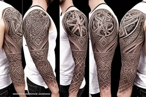 Sleeve, Viking, Native American, family, Arabic allahuakbar, arrow, sword, warrior, Star on elbow and wolf on shoulder tattoo idea
