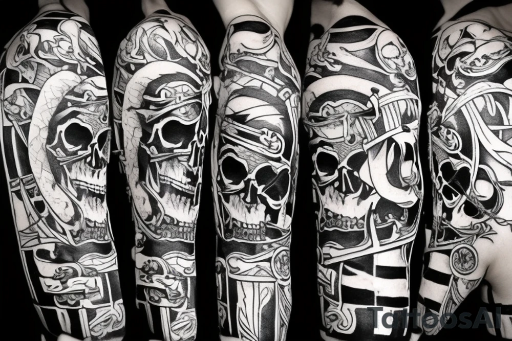 pirate flag with a skull crossed by a katana and an evil dragon tattoo idea