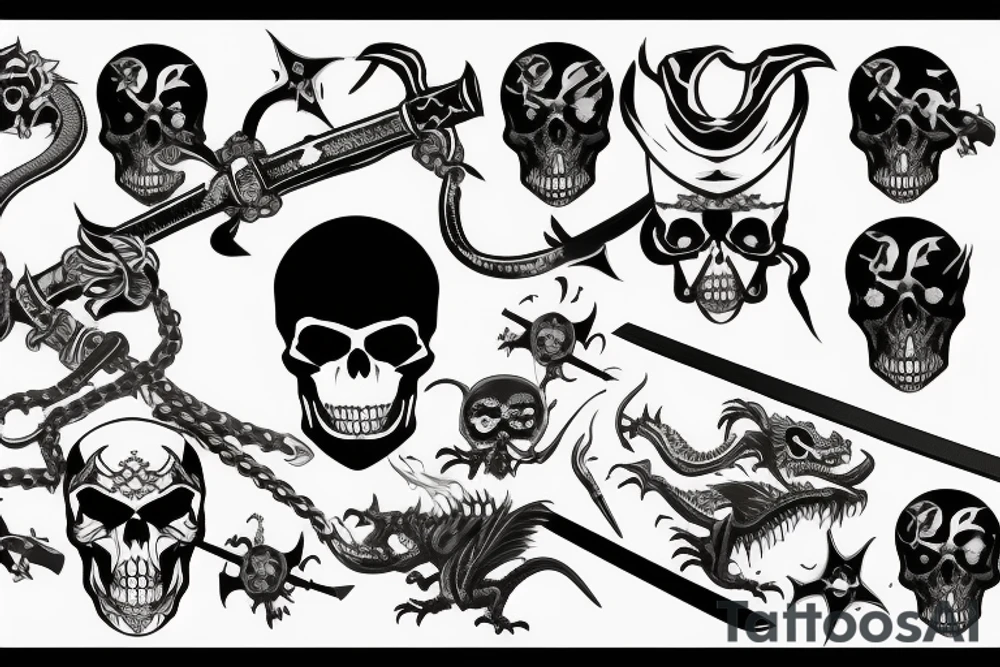 pirate flag with a skull crossed by a katana and an evil dragon tattoo idea