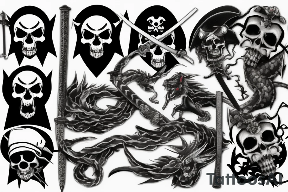 pirate flag with a skull crossed by a katana and an evil dragon tattoo idea
