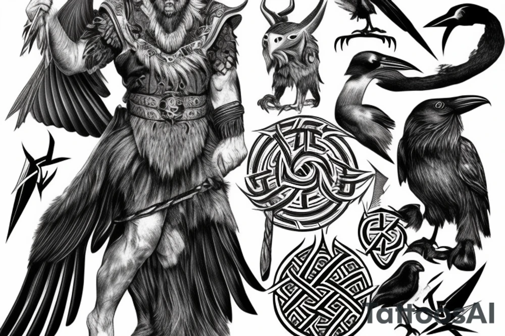 Odin norse God with raven half sleeve tattoo tattoo idea