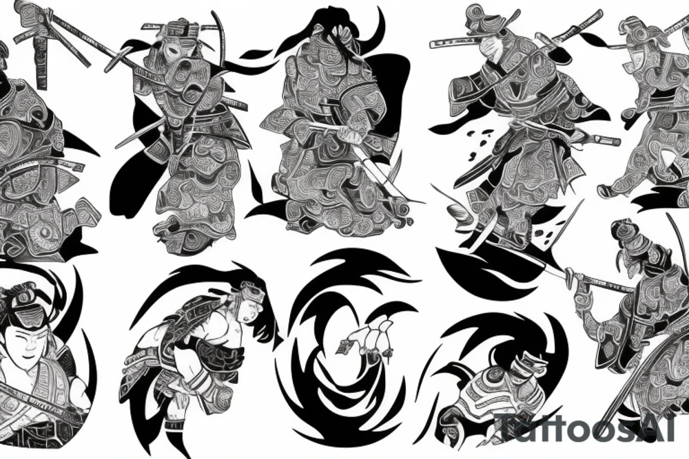 Samurai persevering and focused with discipline and three lives tattoo idea