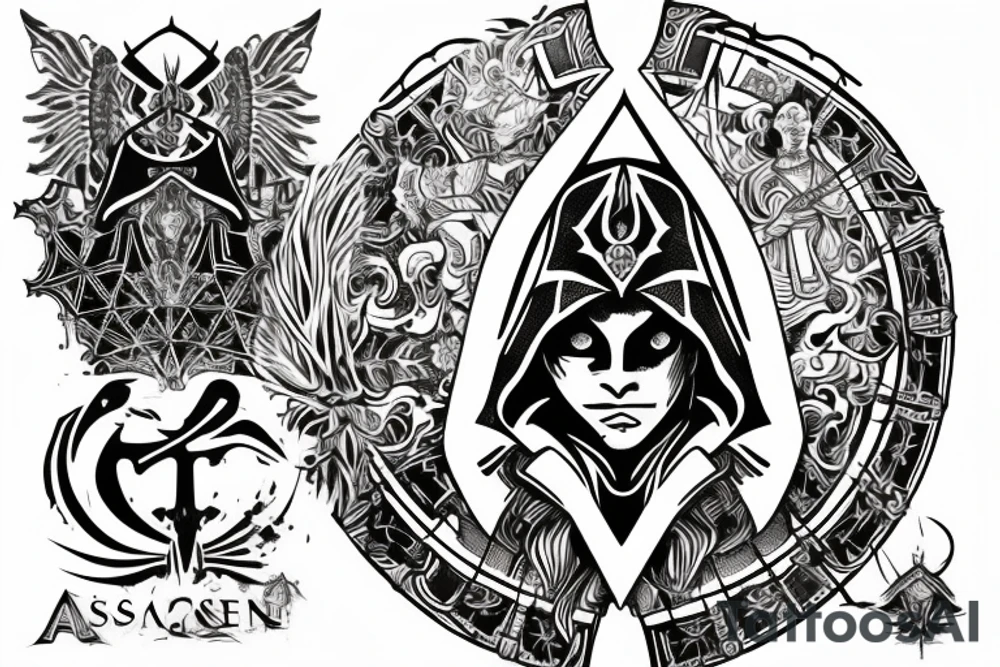 "Assassin's Creed Rogue" style; "行" symbol in the center; white background; tattoo idea