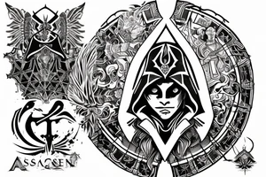 "Assassin's Creed Rogue" style; "行" symbol in the center; white background; tattoo idea