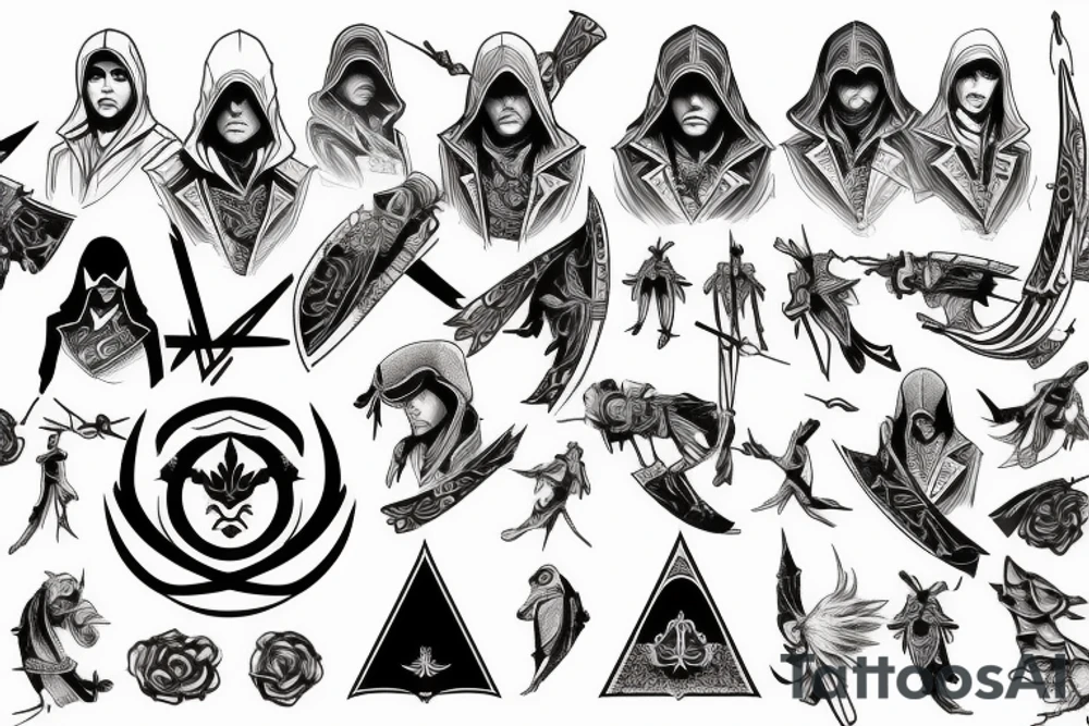 "Assassin's Creed Rogue" style; "行" symbol in the center; white background; tattoo idea
