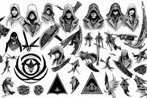 "Assassin's Creed Rogue" style; "行" symbol in the center; white background; tattoo idea