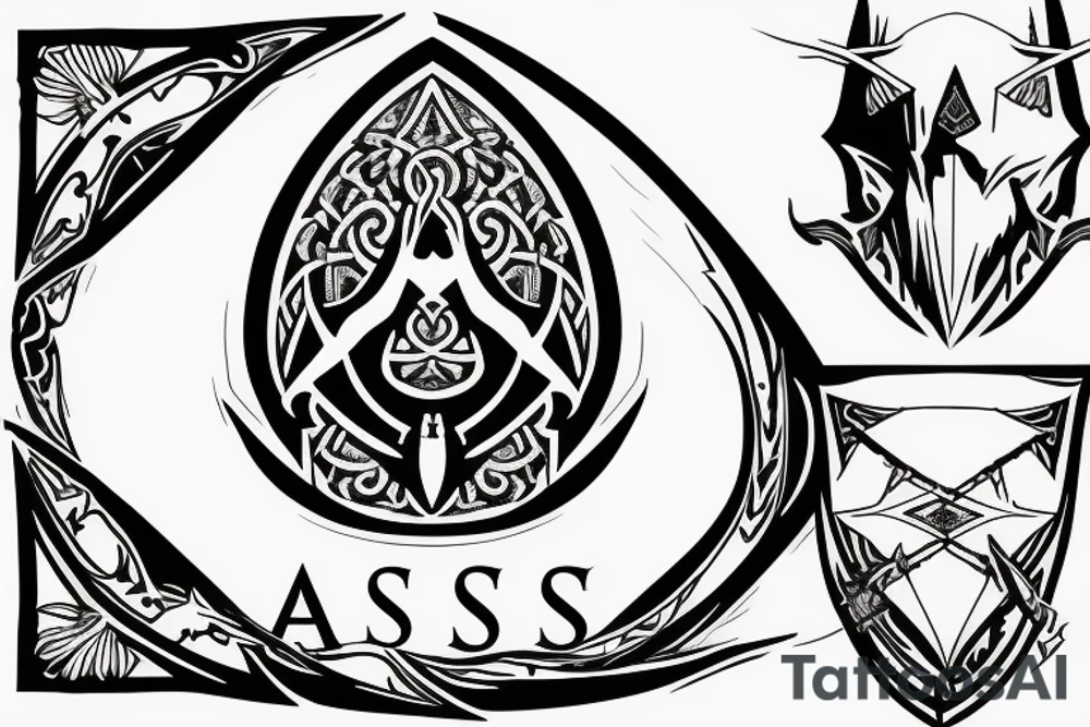 "Assassin's Creed Rogue logotype" style; "行" symbol in the center; white background; tattoo idea