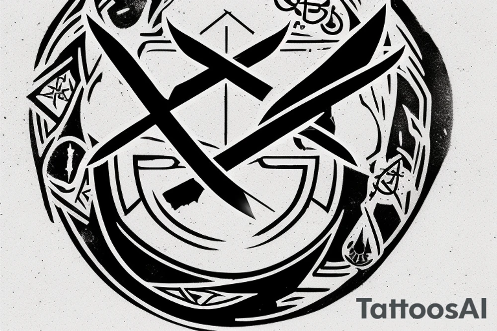 "Assassin's Creed Rogue logotype" style; "行" symbol in the center; white background; tattoo idea