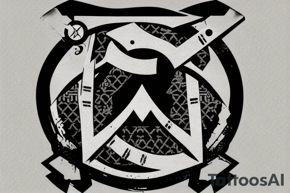 "Assassin's Creed Rogue logotype" style; "行" symbol in the center; white background; tattoo idea