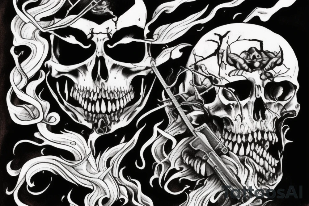Dark death with death himself holding a weapon. Shadow and many details tattoo idea