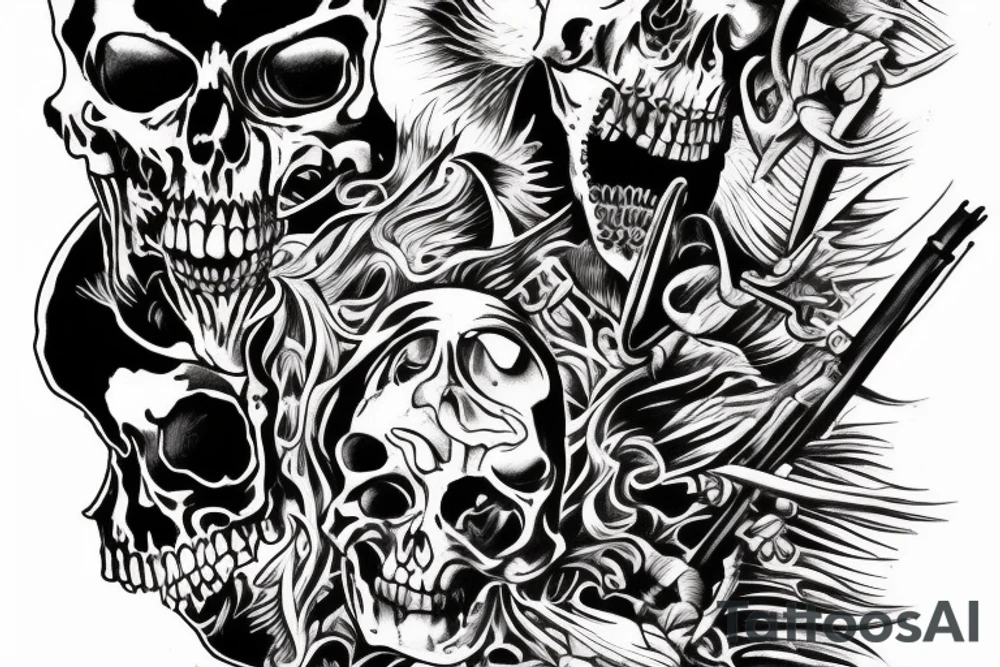 Dark death with death himself holding a weapon. Shadow and many details tattoo idea