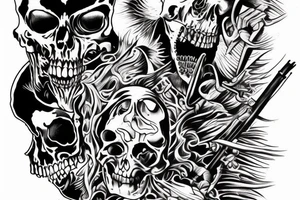 Dark death with death himself holding a weapon. Shadow and many details tattoo idea